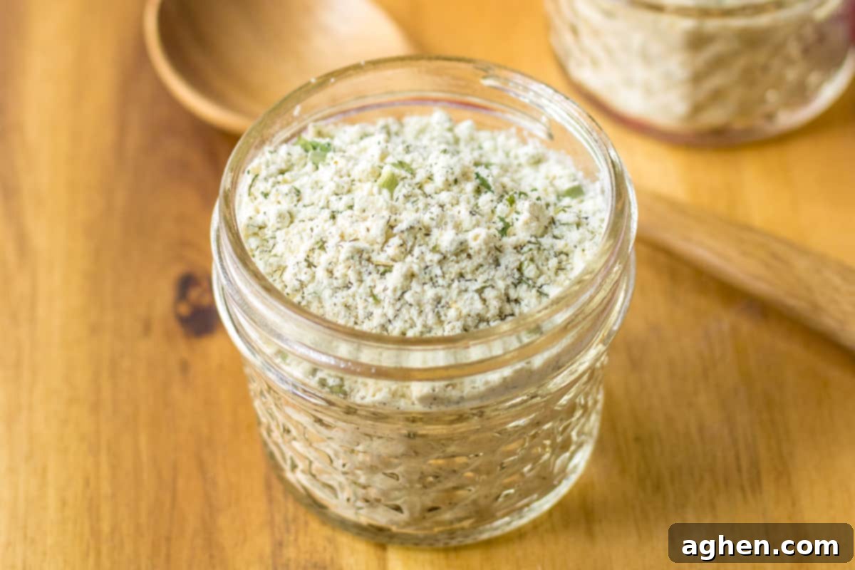 Homemade Ranch Seasoning Mix 6 Homemade ranch seasoning made with buttermilk powder and dried herbs and spices in a glass jar.