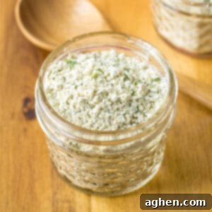 Homemade Ranch Seasoning Mix 7 Homemade ranch seasoning mix with buttermilk powder in a small glass jar.