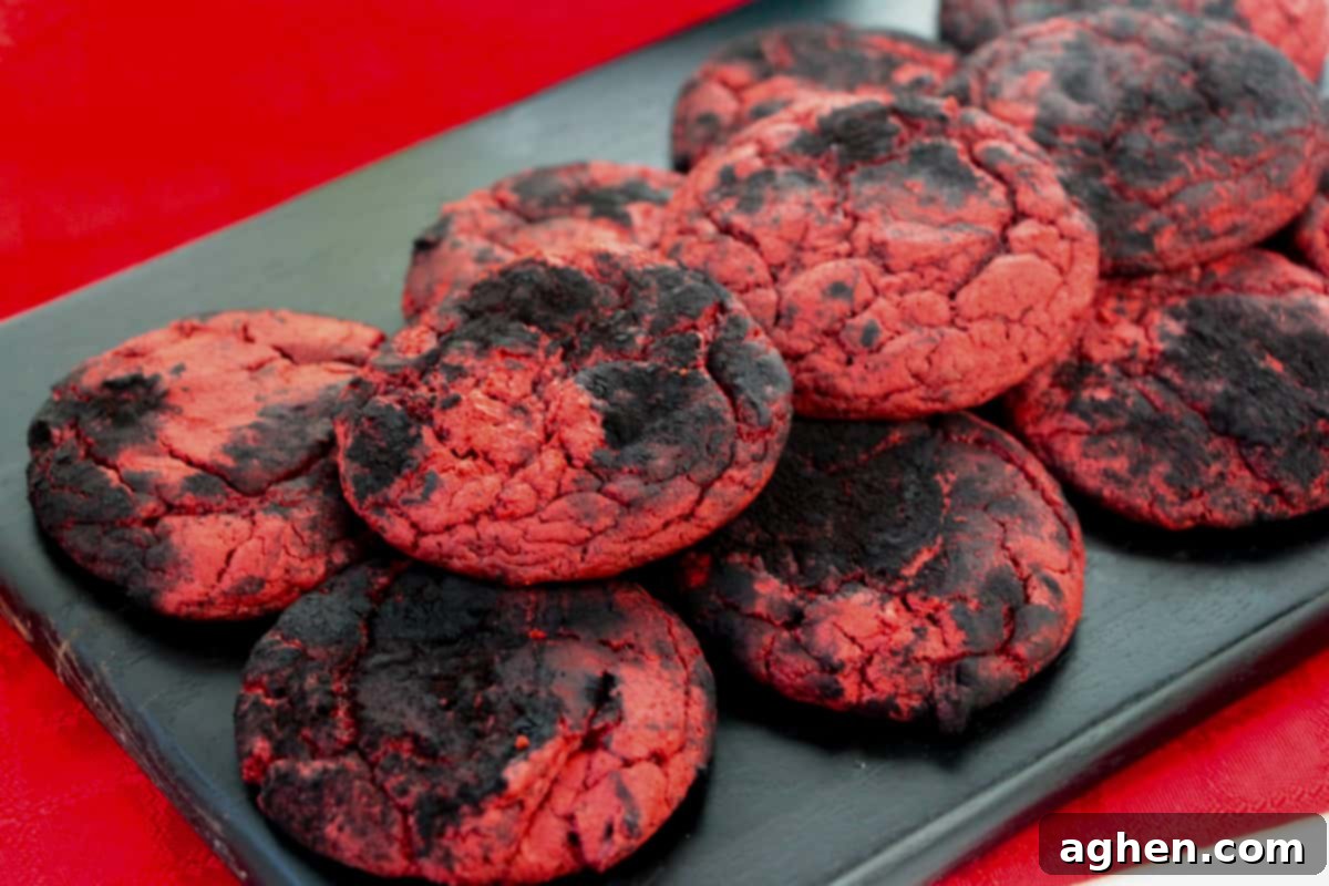 Devil's Delights 2 Brimstone cookies made with red velvet cake mix and black cocoa powder served on a dark wooden board, ready for a Halloween party.