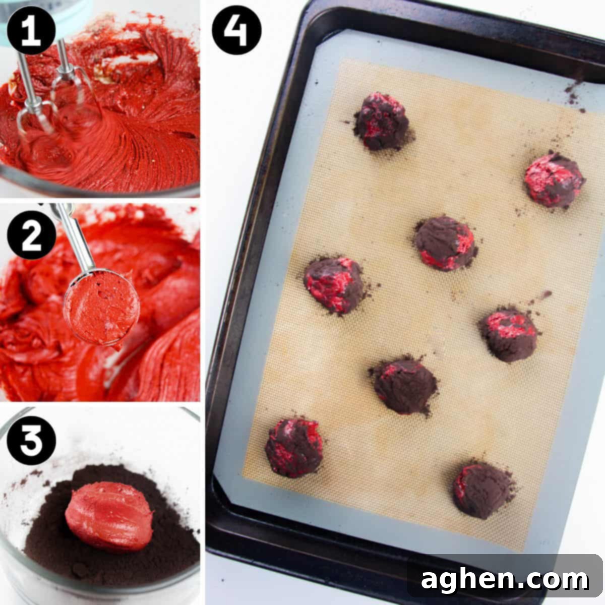 Devil's Delights 5 A 4-image collage demonstrating the steps to make Brimstone Cookies: red cookie dough being mixed, dough being scooped, dough rolled in black cocoa, and coated cookie dough balls on a baking sheet.