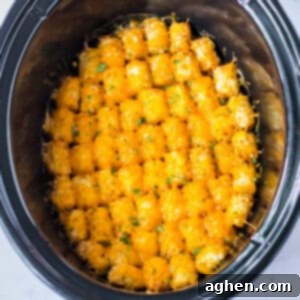 Effortless Tater Tot Comfort 12 Slow cooker tater tot casserole with melted cheese and ground beef.
