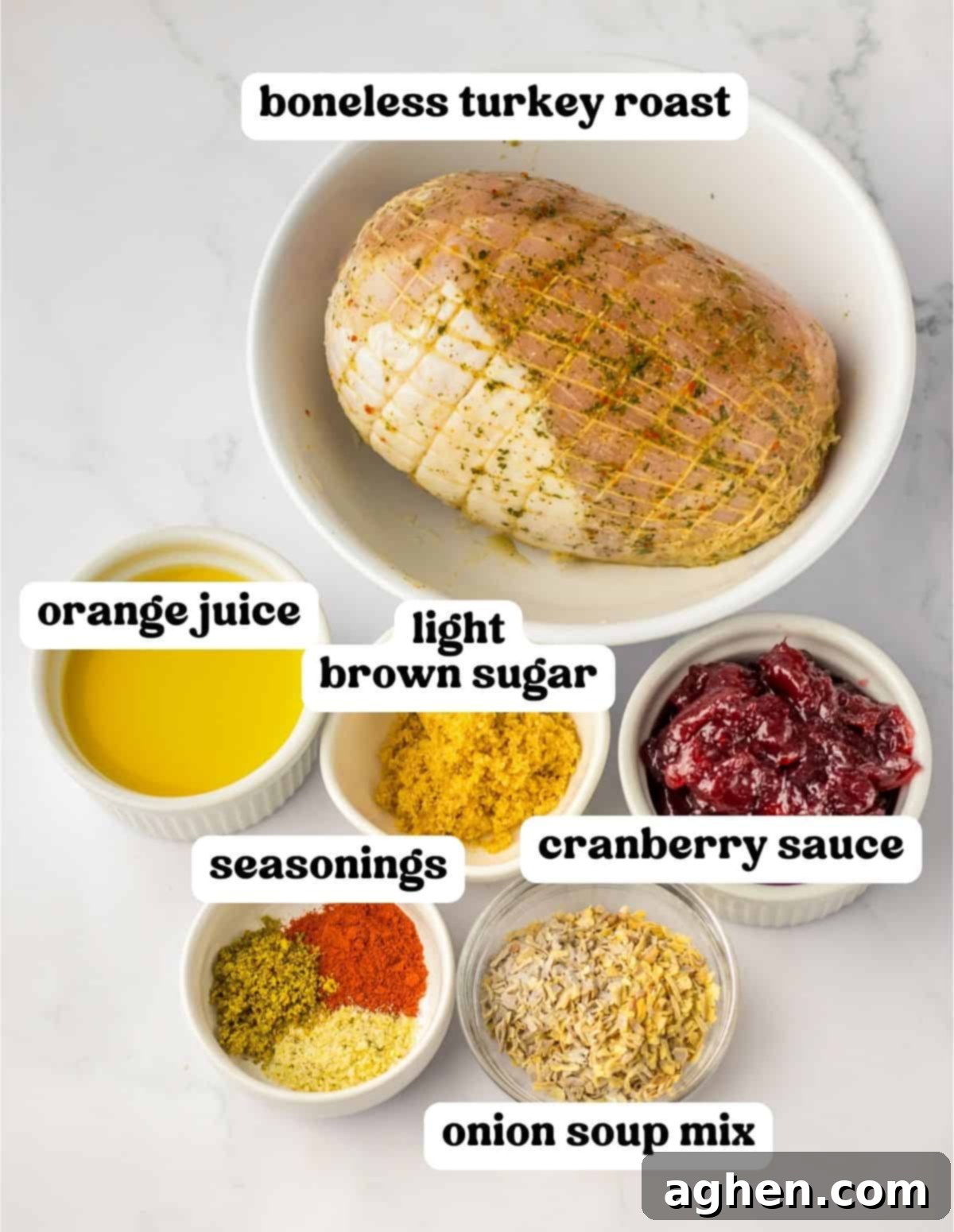 Boneless turkey roast, orange juice, cranberry sauce, light brown sugar, and seasonings.