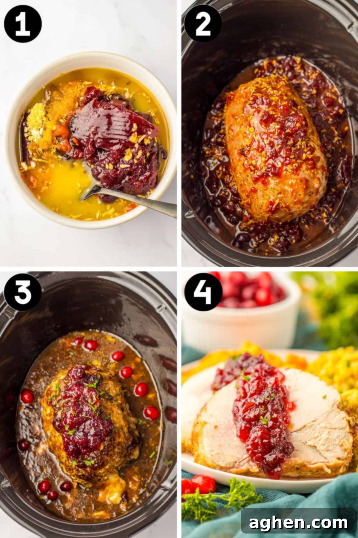 Four image collage: 1) cranberry sauce mixture in mixing bowl with spoon, 2) sauce poured over turkey roast in crock pot, 3) roast after slow cooking, and 4) slow cooked turkey sliced and served topped with sauce.