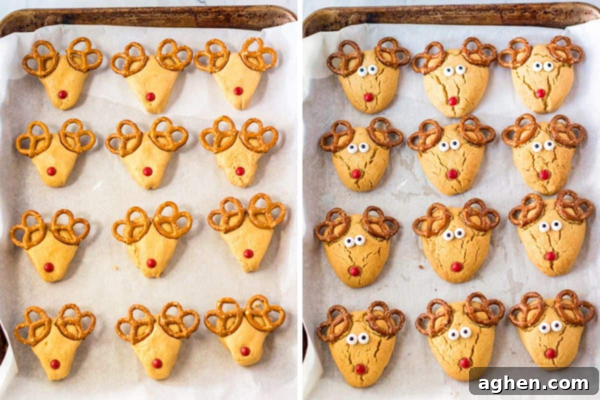 Two image collage of reindeer cookies shaped into upside down triangles with rounded corners with pretzels pressed into the top two corners and a red M&M towards the bottom tip. The first image is before baking and the second is after baking and placing two candy eyes slightly higher than center on the cookies.