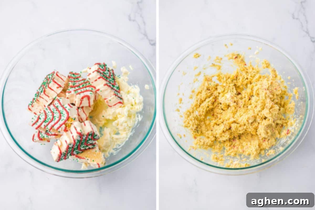 A two-image collage showing the process of making Little Debbie cake balls: first, Christmas Tree Cakes and softened cream cheese in a bowl, and second, after beating them into a smooth, cohesive batter.