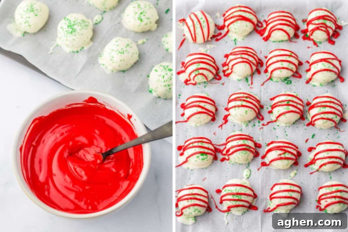 A two-image collage illustrating the final decorative step: a bowl of smooth, melted red candy melts, followed by cake balls elegantly drizzled with the red candy in a festive pattern.