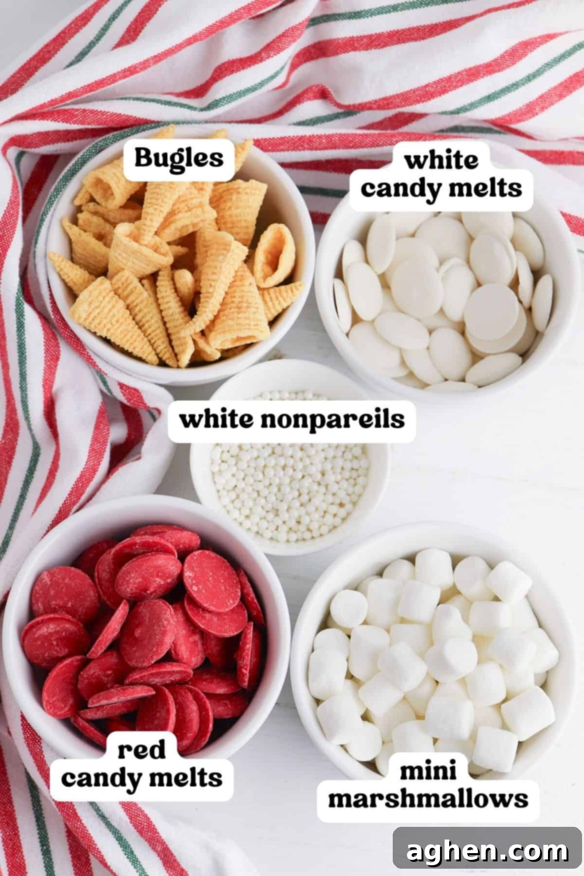 Bugles, white candy melts, red candy melts, white nonpareils, and mini marshmallows.