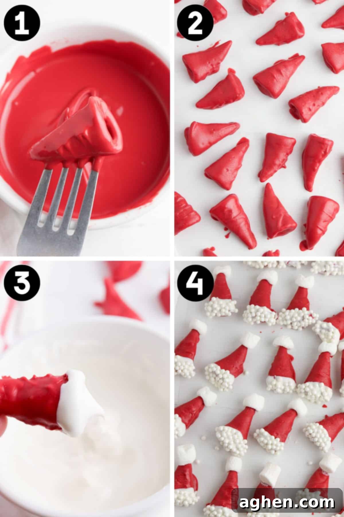 Four image collage of bugle being dipped in red melted candy, red coates bugles on parchment paper, the rim of coated bugles being dipped in melted white candy, and the red bugles with white rims on parchment paper setting.