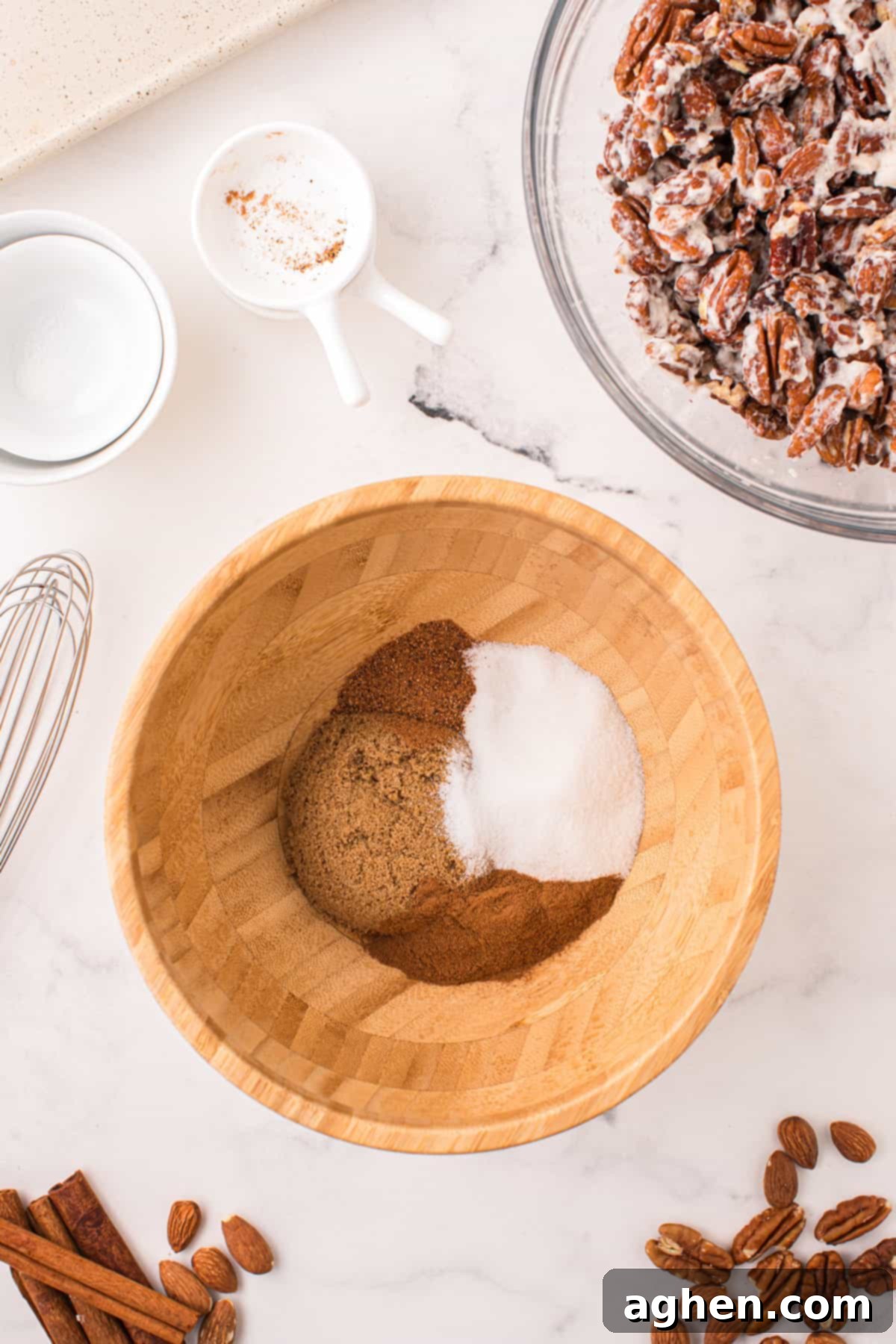 Small bowl containing a mixed blend of sugars and spices, ready to be added to the nuts.