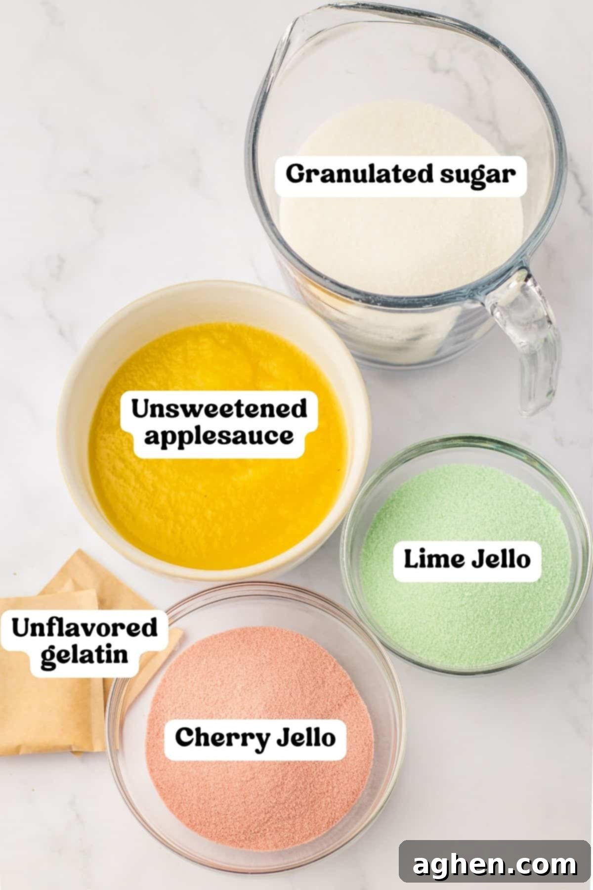 Granulated sugar, unsweetened applesauce, unflavored gelatin, cherry jello, and lime jello.