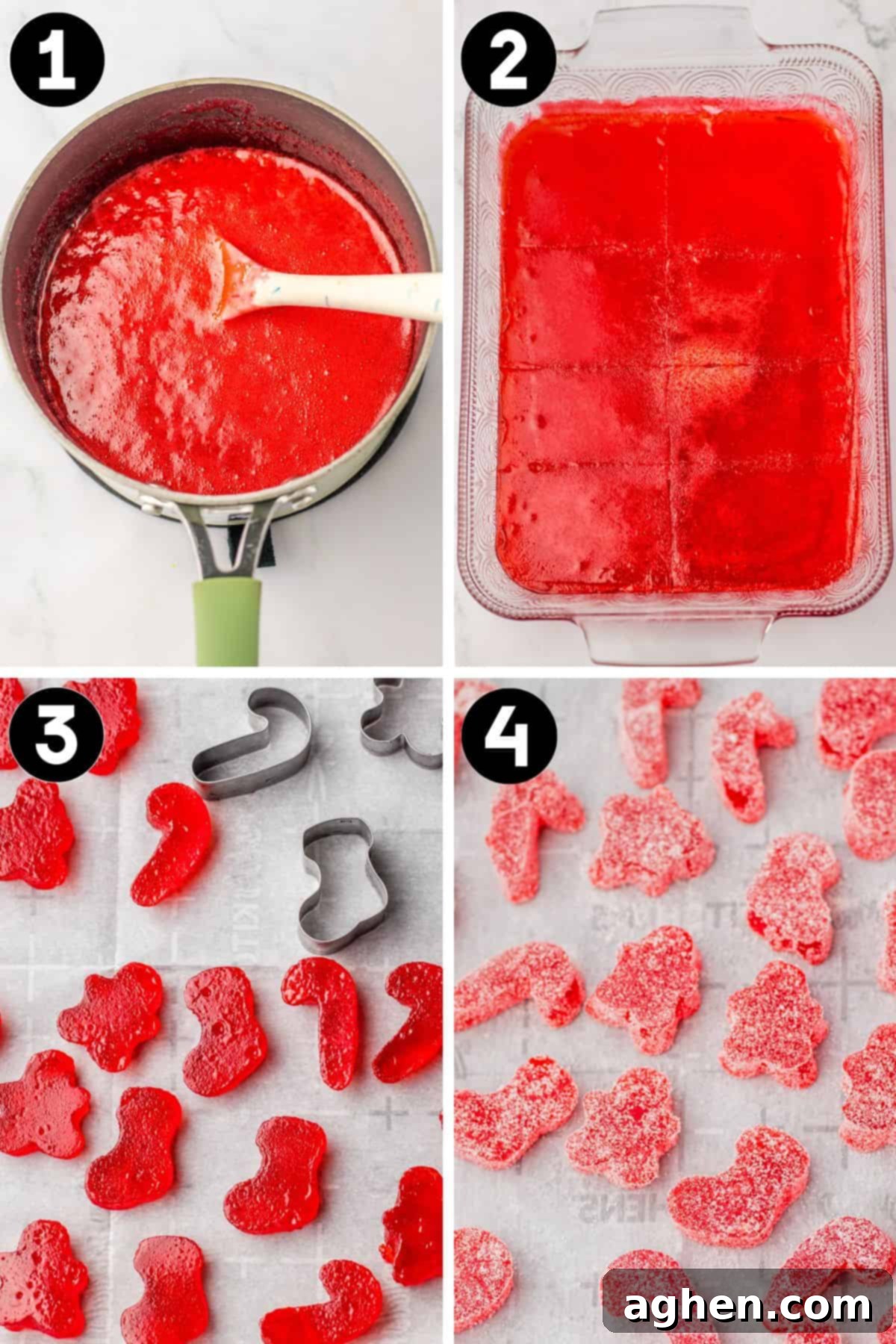 Four image collage of 1: red mixture in a saucepan, 2: red gelatin layer in rectangular glass baking dish, 3: red gumdops being cut with metal cookie cutters, and 4: the red gumdrops coated in sugar.
