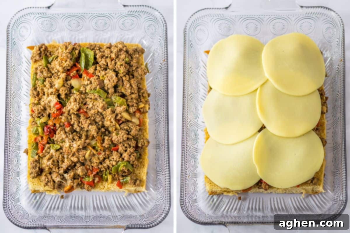 Bite-Sized Philly Cheesesteak Bliss 7 Two image collage of ground beef mixture on top of sheet of Hawaiian buns and of provolone cheese sliced placed on top.
