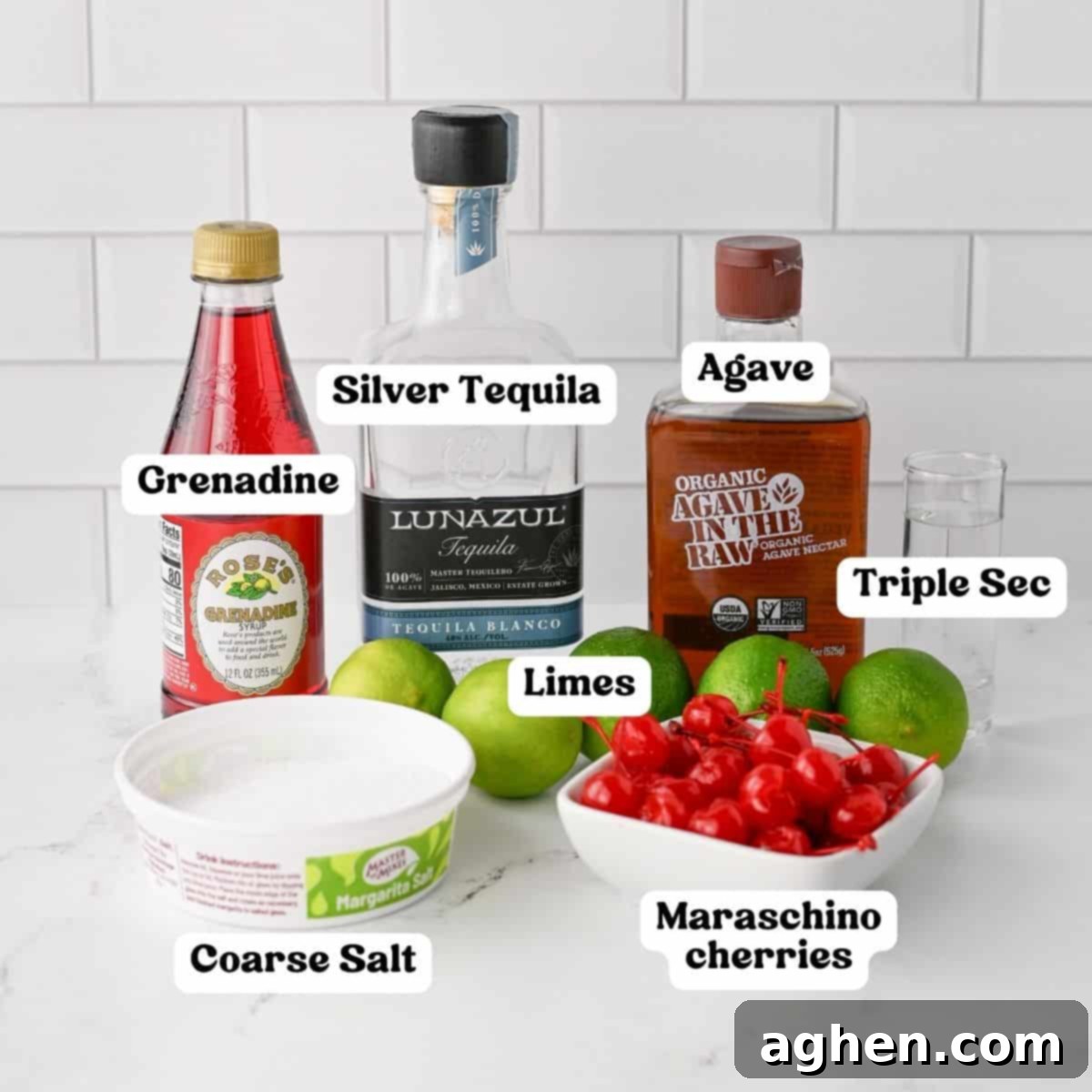 Blush Margarita 3 Grenadine, silver tequila, agave, triple sec, coarse salt, fresh limes, marischino cherries.