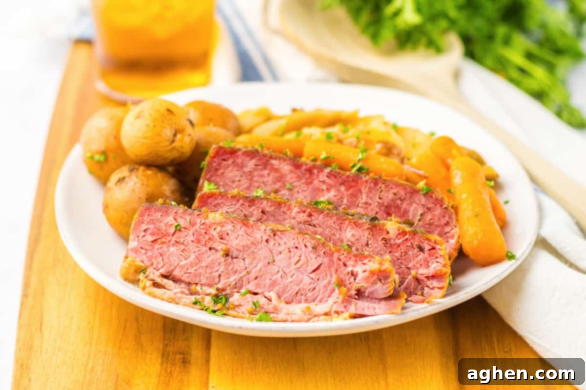 Crockpot corned beef and vegetables served on a white plate with a glass of iced tea.