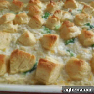 Golden brown crescent roll topping on a savory chicken and rice casserole