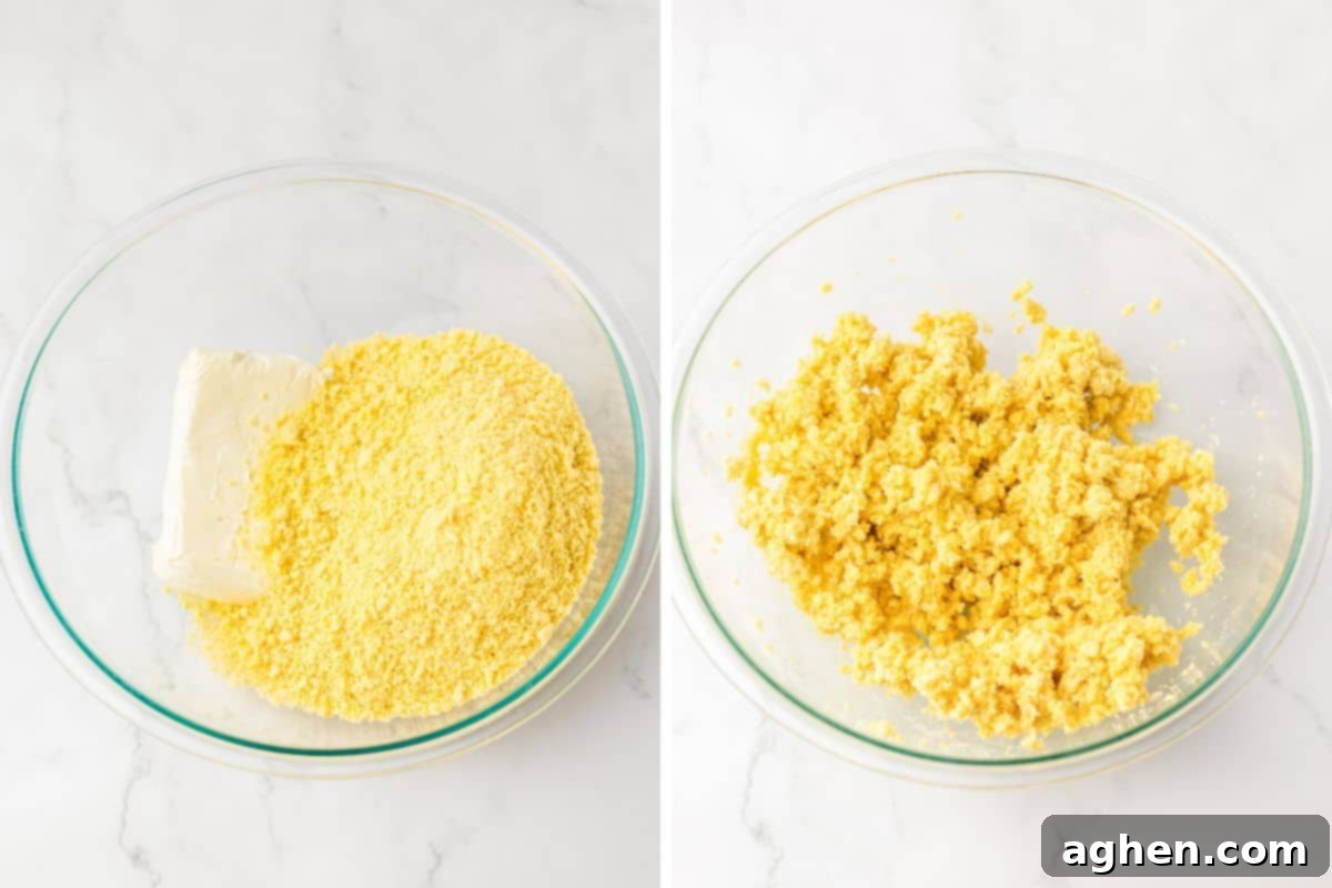 A two-image collage illustrating the process of making lemon Oreo balls: the first shows crushed lemon Oreos and cream cheese in a mixing bowl, and the second displays the perfectly blended, dough-like mixture.