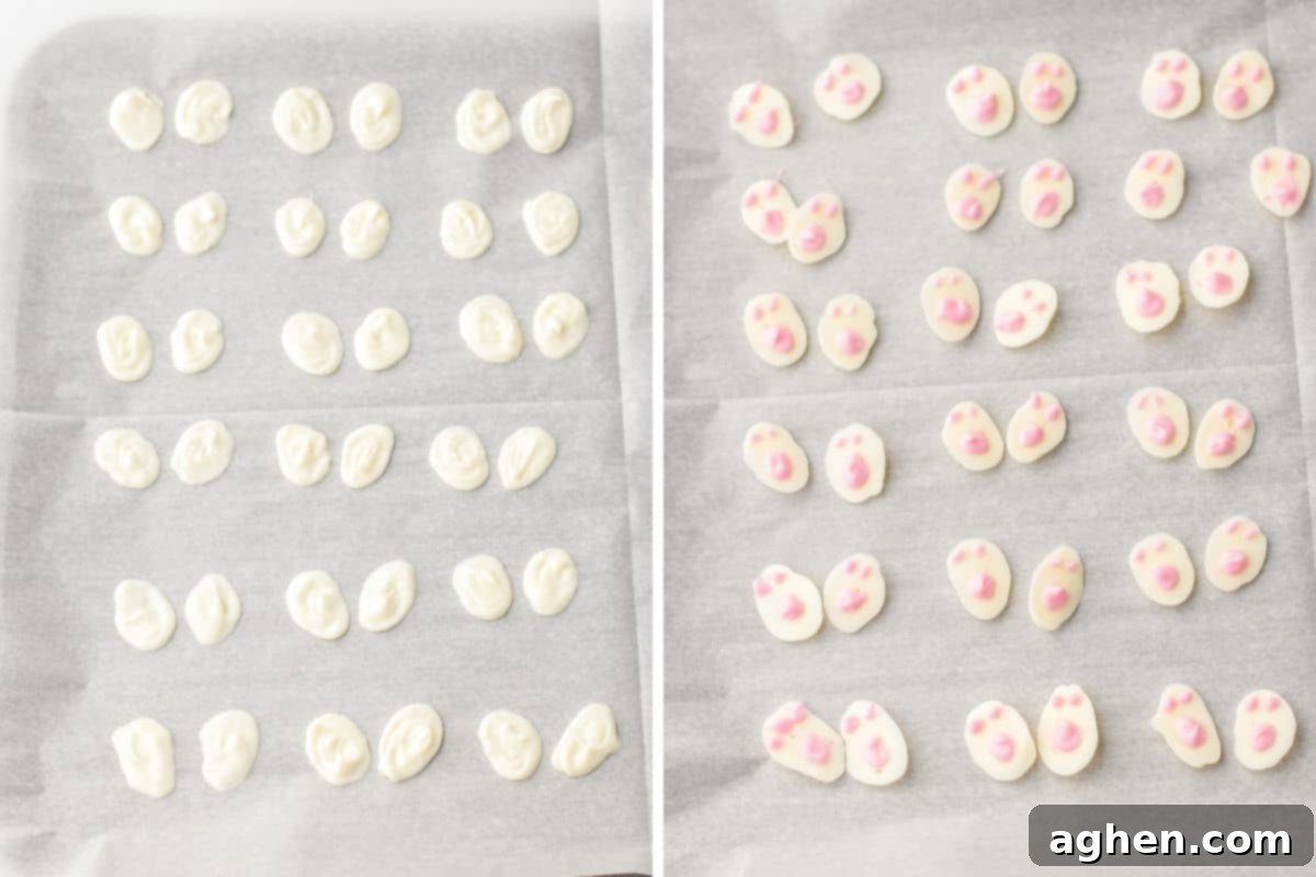 A visual guide showing white candy piped into oval shapes, followed by the addition of delicate pink foot pad and toe details, creating adorable bunny feet.