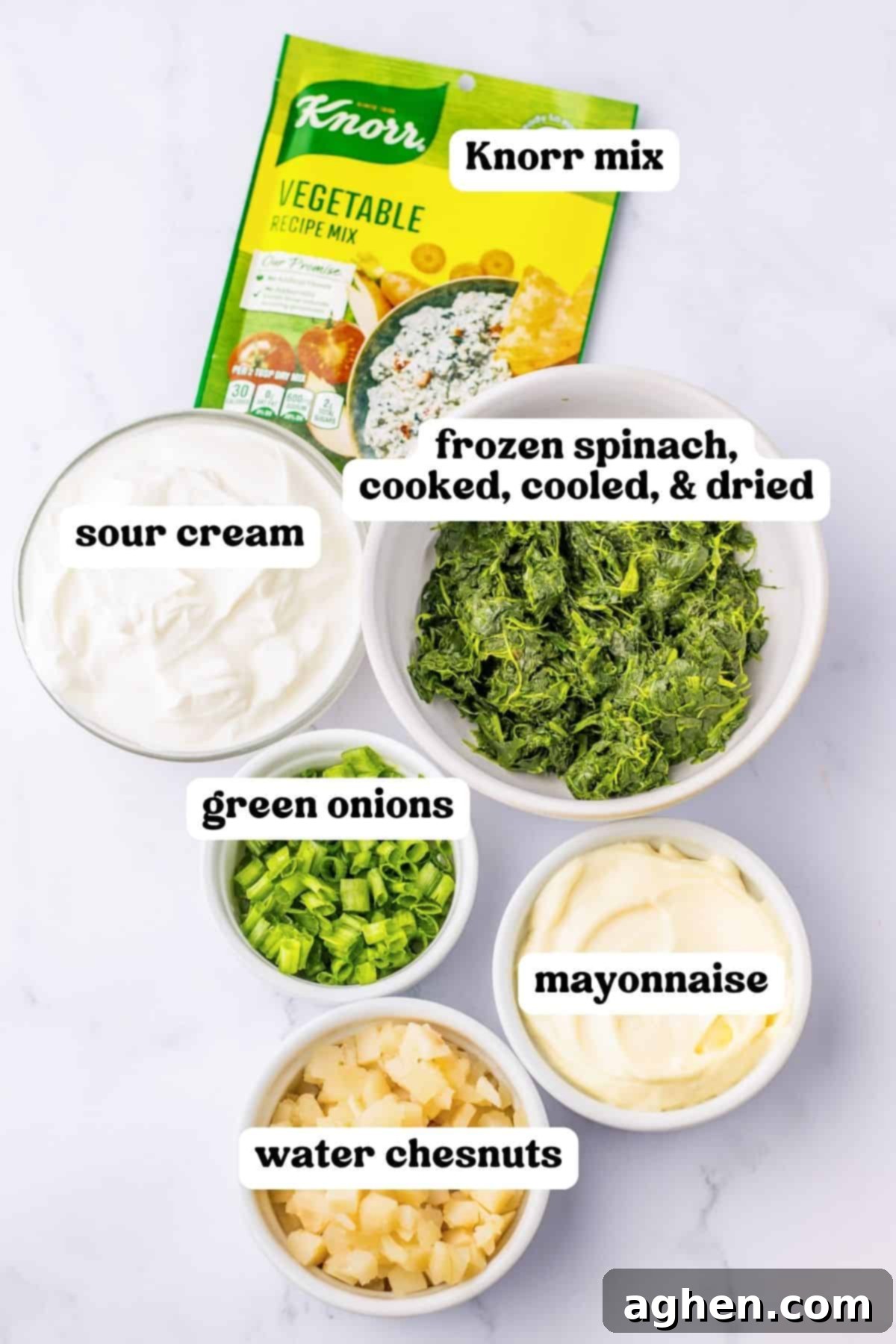Creamy Knorr Spinach Dip 4 A flat lay of Knorr vegetable recipe mix packet, frozen chopped spinach, sour cream, mayonnaise, chopped green onions, and water chestnuts, ready for making the dip.