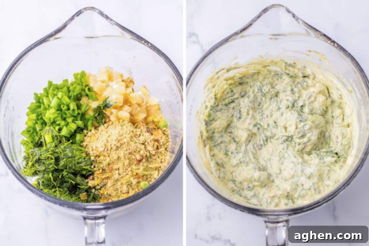 Creamy Knorr Spinach Dip 5 Side by side photos of spinach dip ingredients in a glass mixing bowl before and after being stirred well to combine, illustrating the easy preparation process.