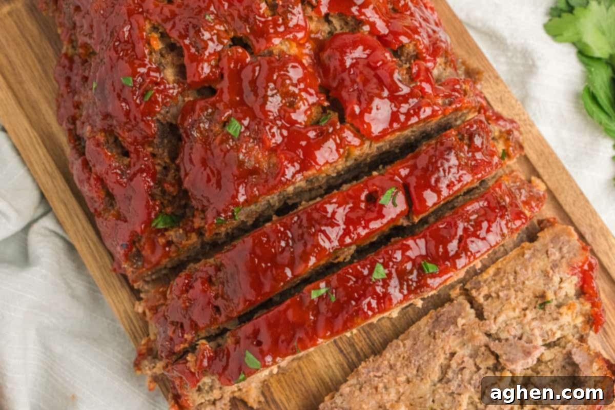 Sliced onion soup meatloaf with a sweet ketchup glaze.