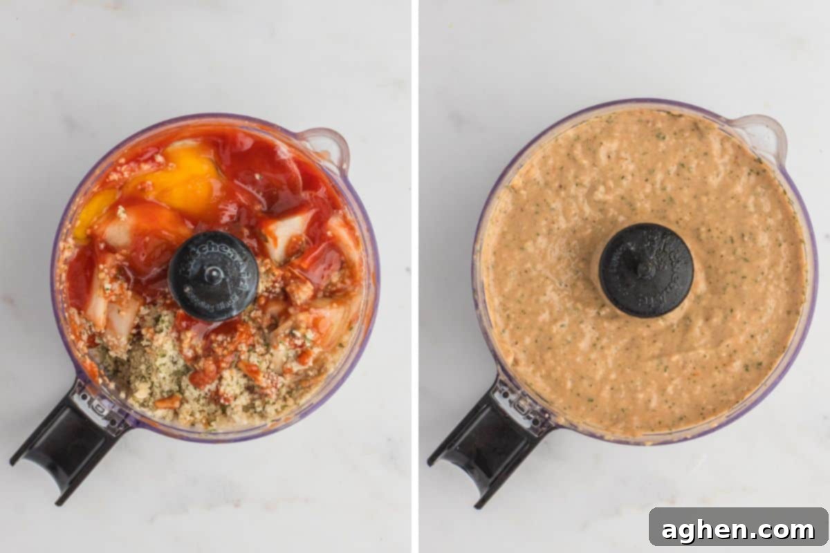 Ingredients in food processor before and after being combined.