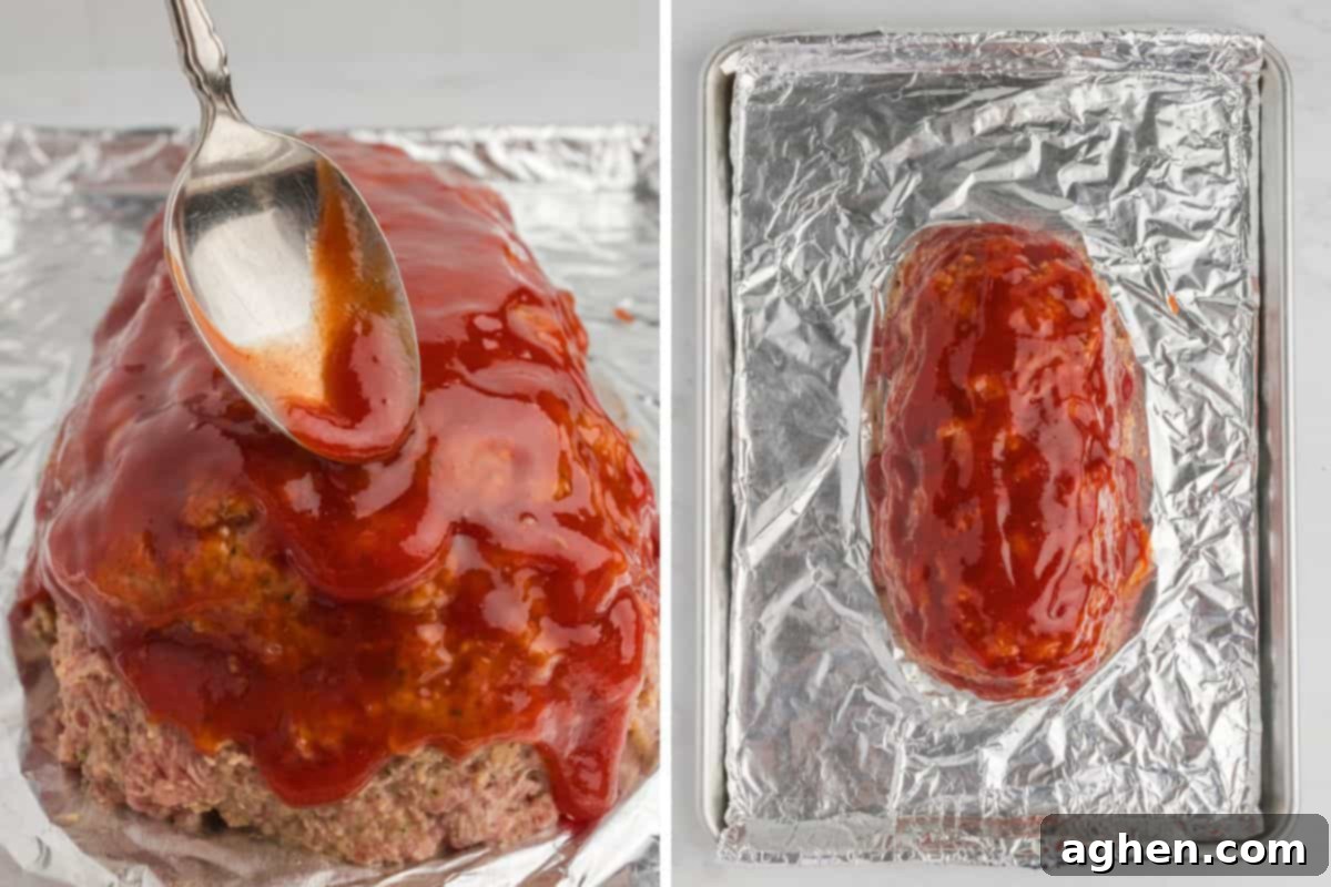 Spoon pouring glazed over meatloaf on foil lined baking sheet.