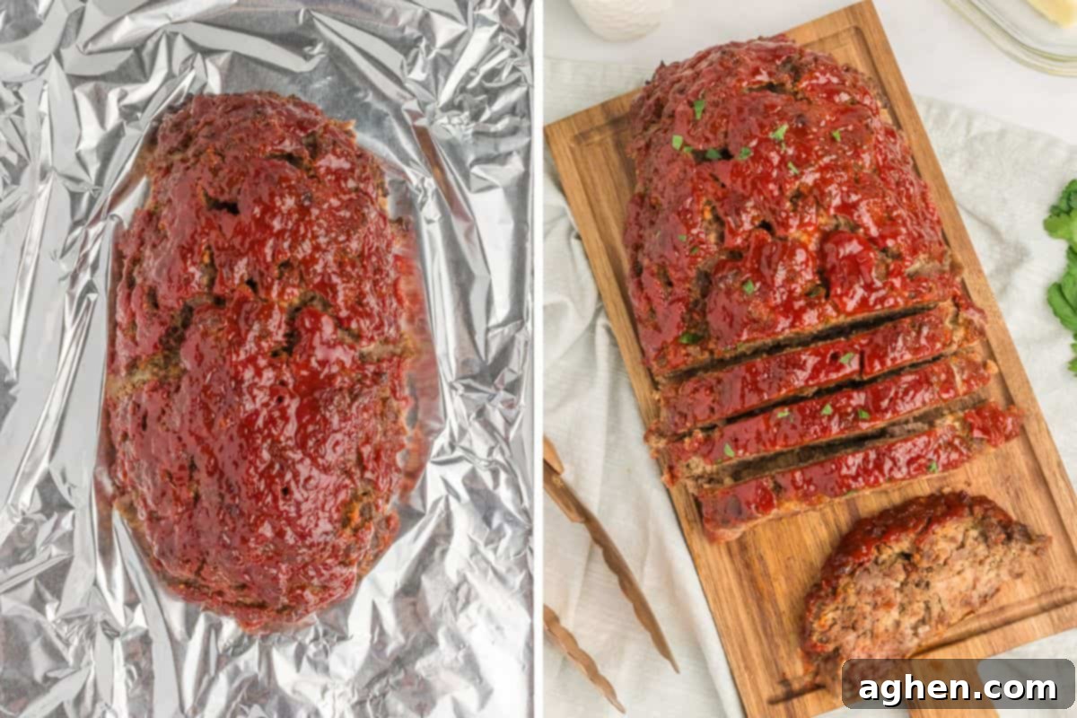 Glazed meatloaf on baking sheet after baking and meatloaf being sliced on cutting baord.