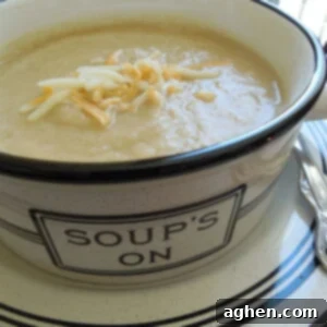 Close-up of creamy cauliflower soup with leeks and potatoes