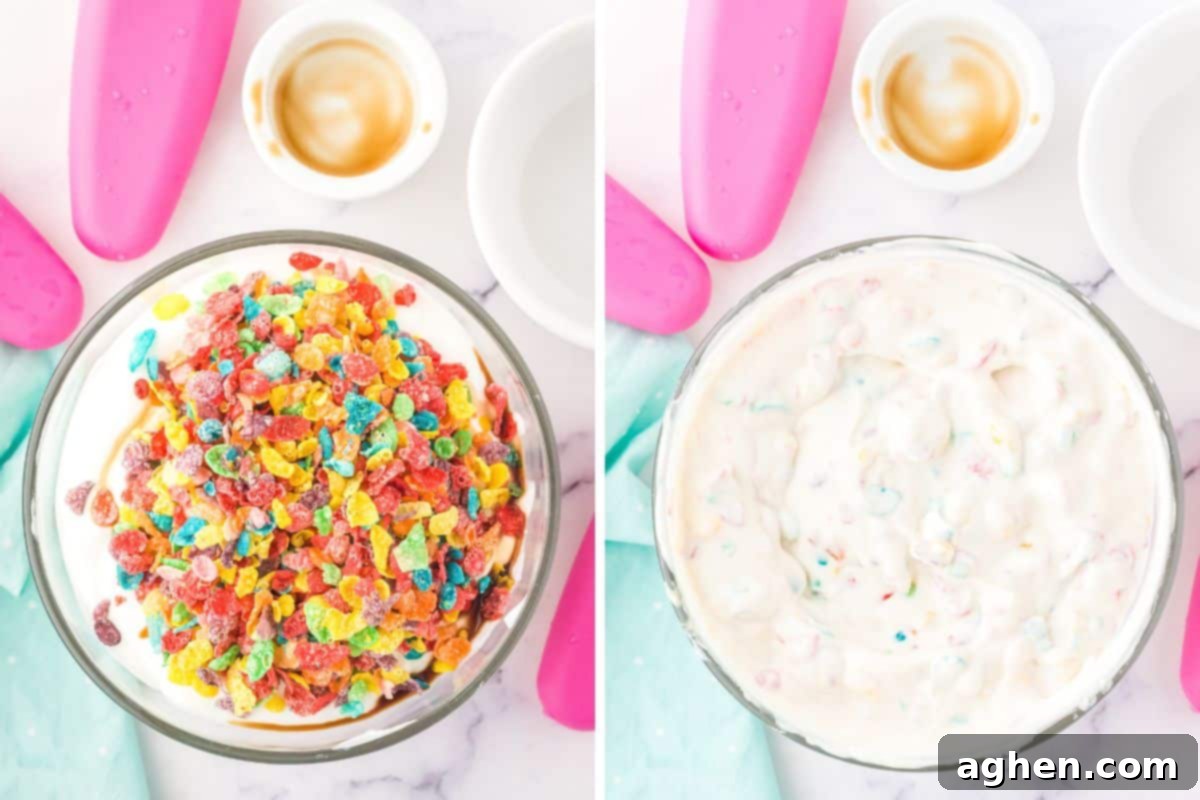 Two image collage of (image 1): bowl of vanilla greek yogurt with fruity pebbles cereal and vanilla extract added; and (image 2) with the cereal and extract mixed into the yogurt.