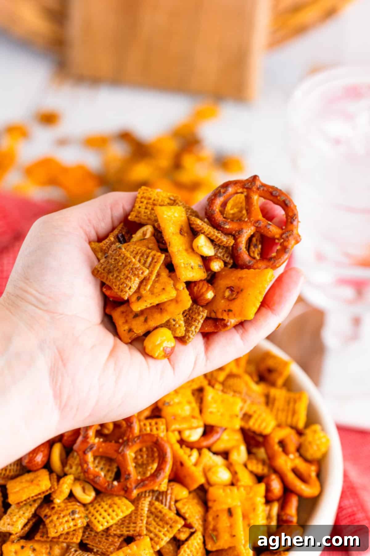 Zesty Crunch Medley 8 Handful of spicy ranch chex mix.