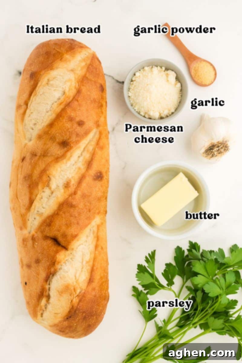 Load of Italian bread, grated parmesean cheese, butter, garlic powder, fresh gralic, and fresh parsley.