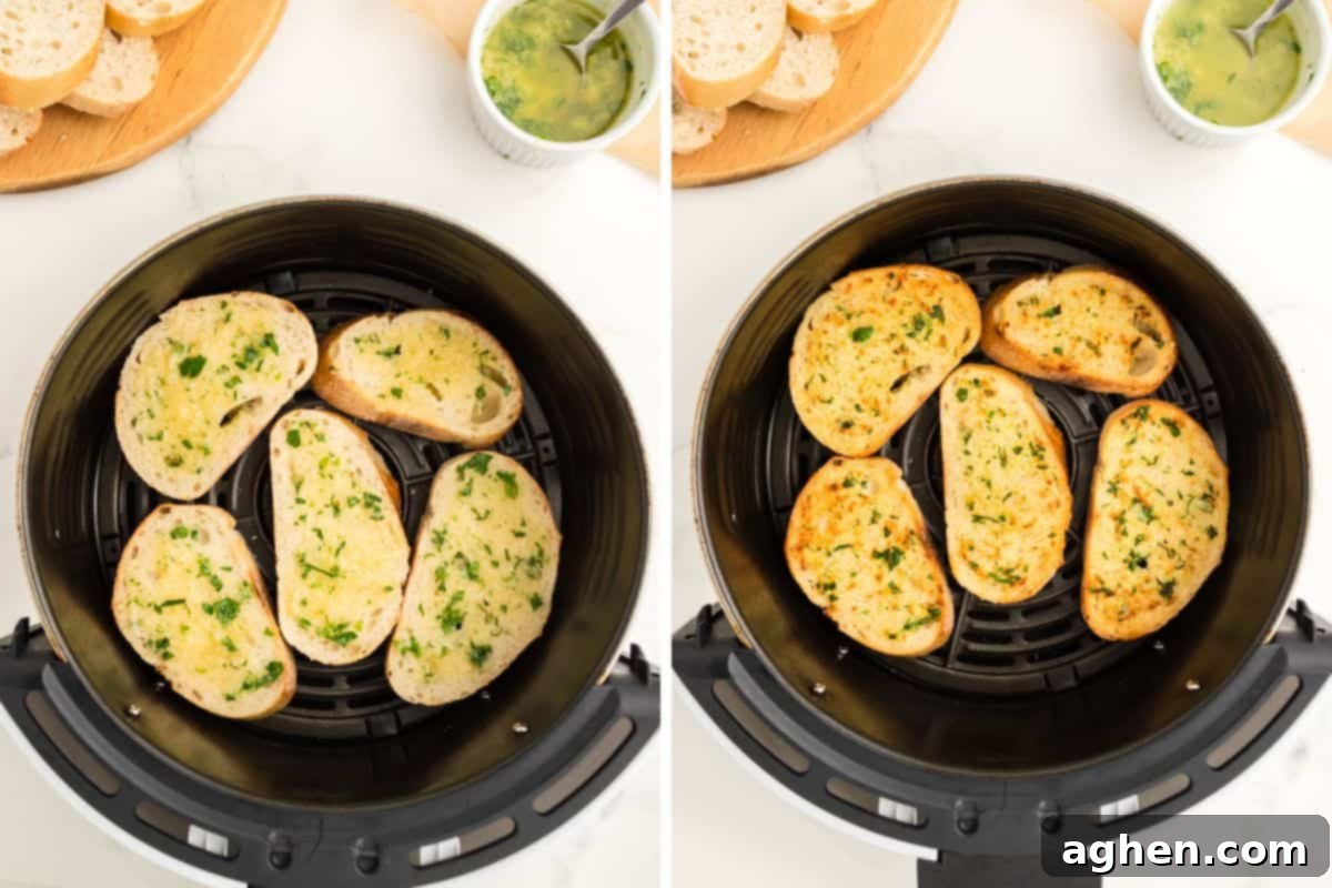 Two image collage of garlic bread in air fryer basket before and after air frying.