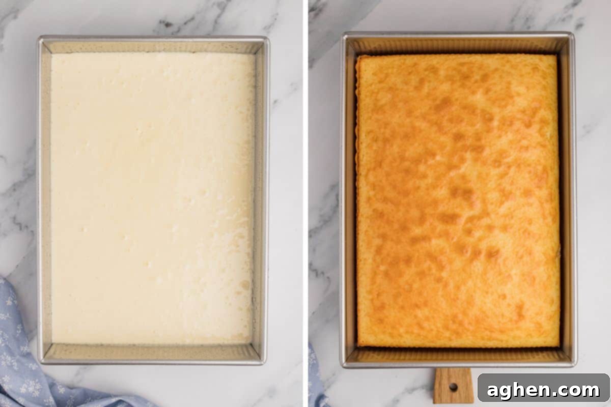 Simple Crumb Cake Perfection 5 Side by side of cake batter in a 9x13 metal pan and of baked cake.