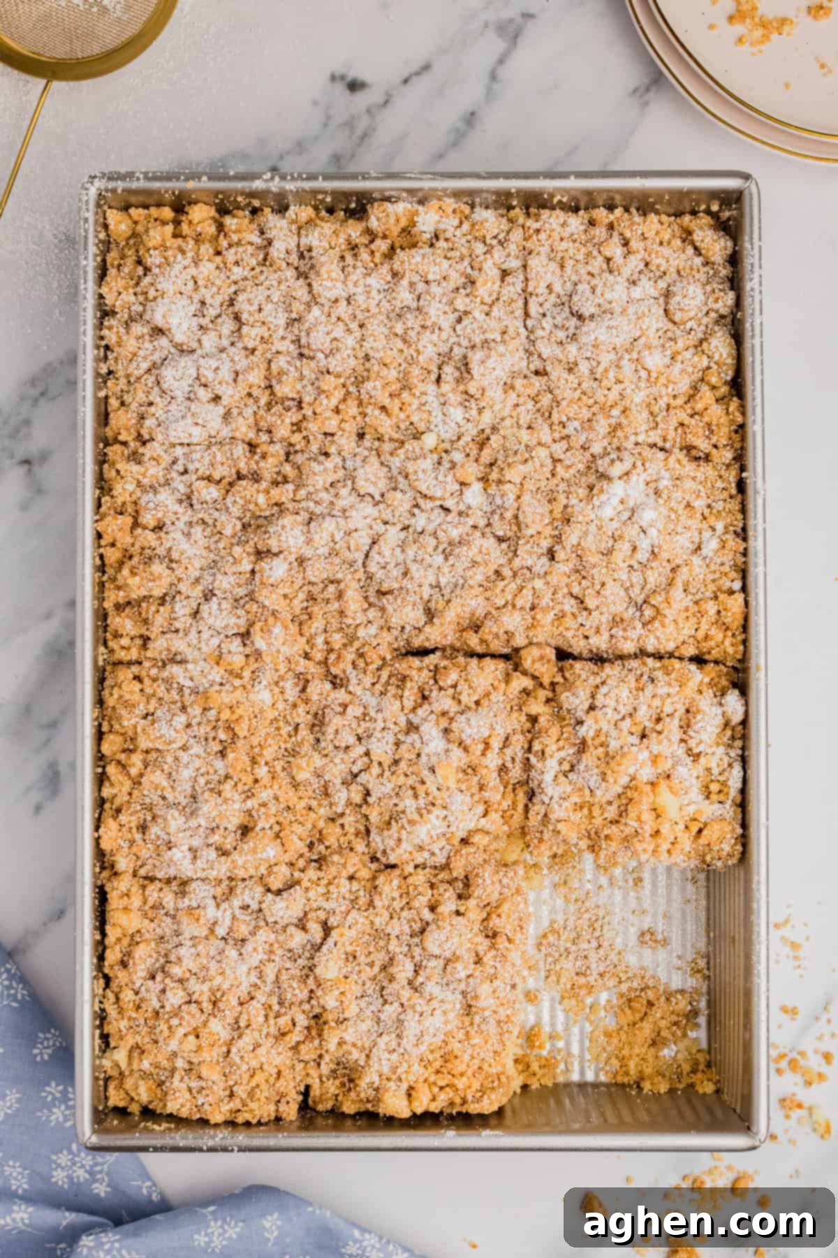 Simple Crumb Cake Perfection 8 New York style crumb cake dusted with powdered sugar and sliced into squares.