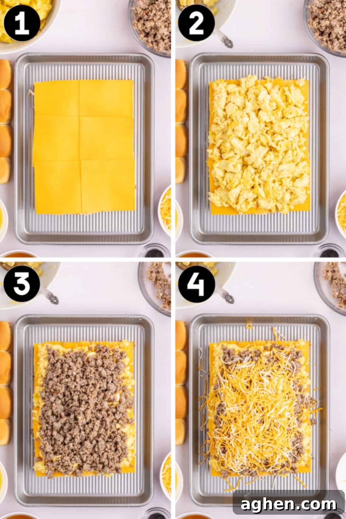 Sweet & Savory Hawaiian Breakfast Bake 6 A four-image collage vividly illustrating the step-by-step process of adding layers to Hawaiian slider buns: 1) neatly placing cheese slices, 2) spreading fluffy scrambled eggs, 3) scattering savory ground sausage, and 4) generously sprinkling shredded cheese for the delicious final layer.