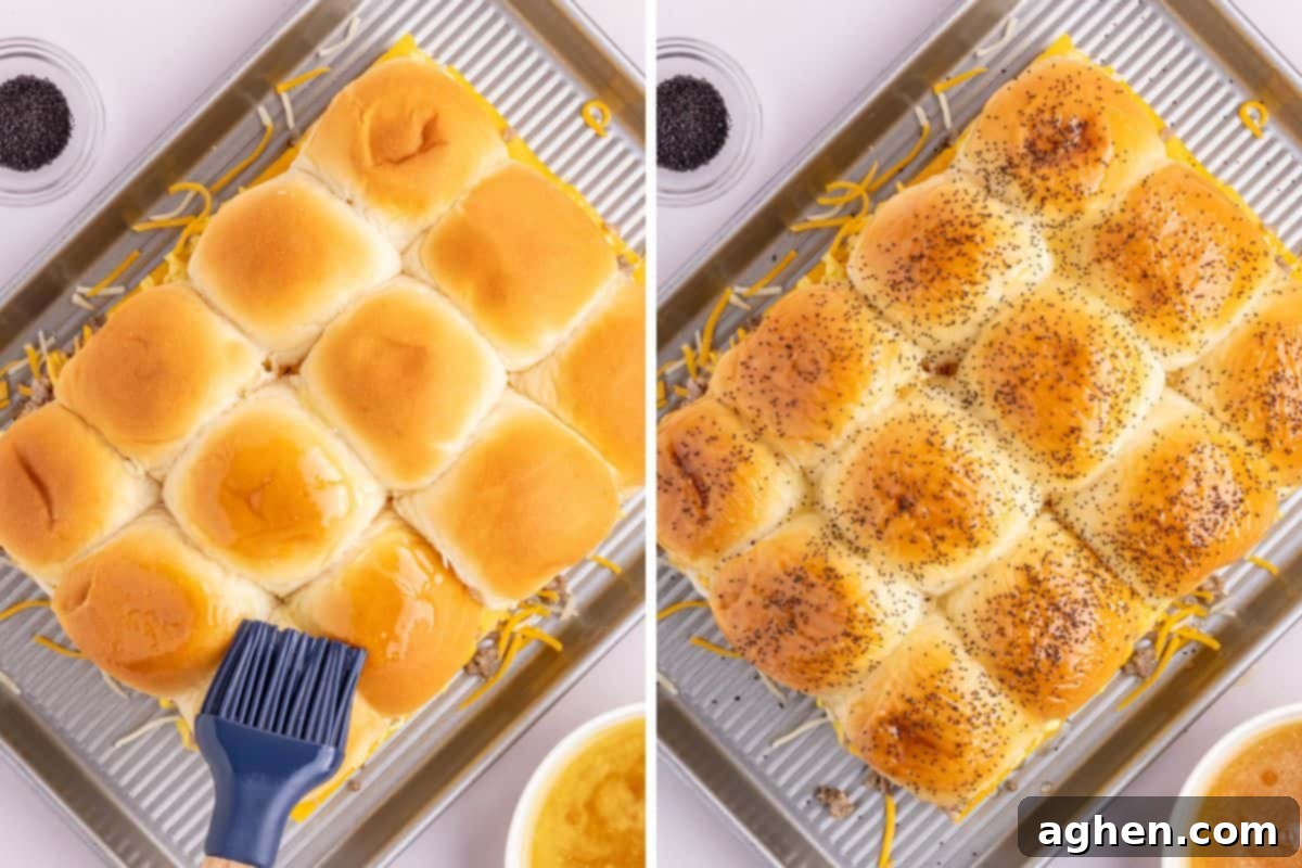 Sweet & Savory Hawaiian Breakfast Bake 7 On the left, a silicone pastry brush expertly applies a glistening buttery maple syrup glaze to the tops of the slider buns, preparing them for baking. On the right, poppy seeds are being artfully sprinkled over the glazed bun tops, adding a final touch and crunch before the sliders head into the oven.