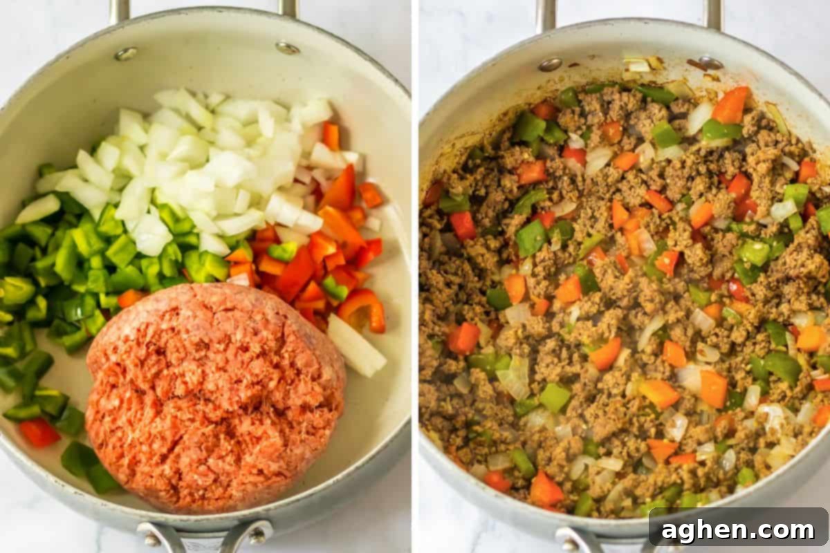 Hearty Sloppy Joe Pasta 5 Two-image collage demonstrating the cooking process. Left image shows raw chopped onions, bell peppers, and ground beef in a skillet. Right image shows the cooked, crumbled ground beef mixture with softened onions and peppers.
