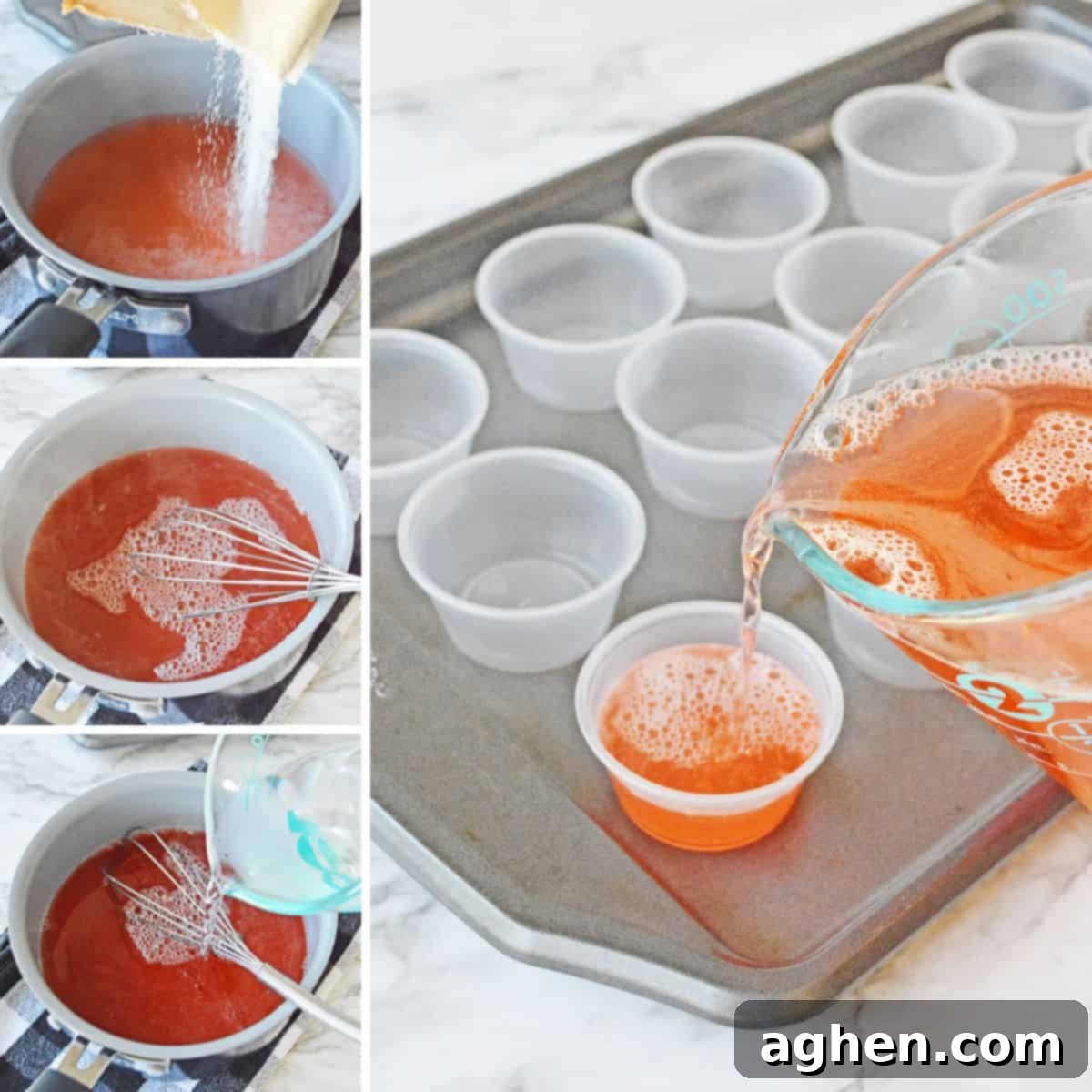 4 image collage of steps to make shots. First, jello powder mix is poured into boiling water, then whisked together to dissolve, next cold water and vodka are added, and finally the jello mixture is poured into the shot glass cups.