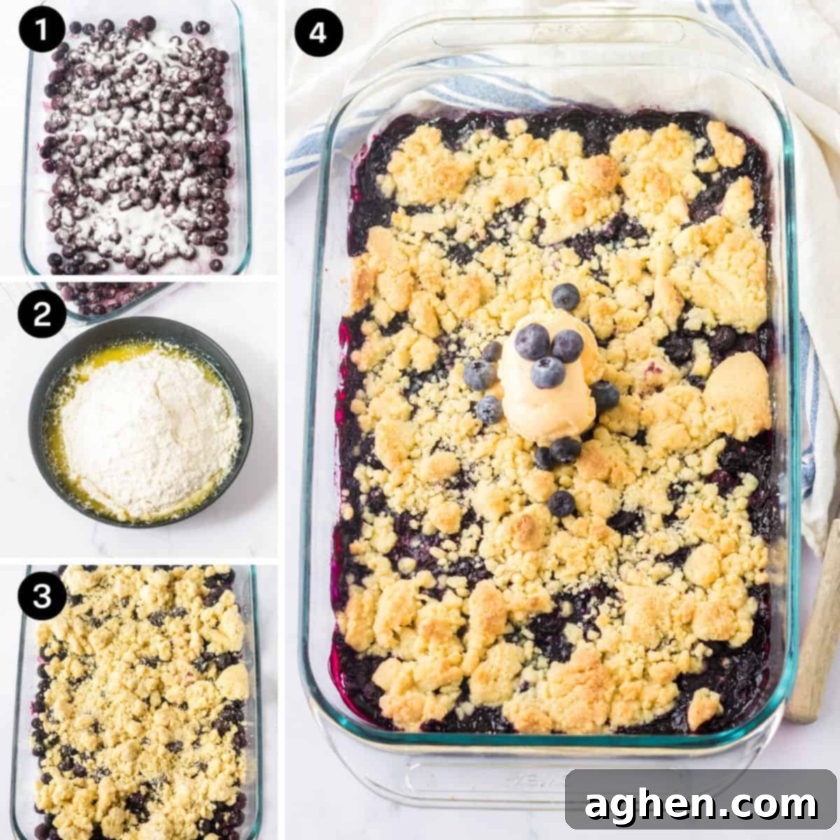 4 image collage of 1: frozen blueberries in 9 x 13 glass baking dish coated in sure, 2: melted butter and cake mix in bowl, 3: butter and cake mix combined and crumbled over blueberry mixture, 4: baked berry cobbler topped with vanilla ice cream and a fe fresh berries.