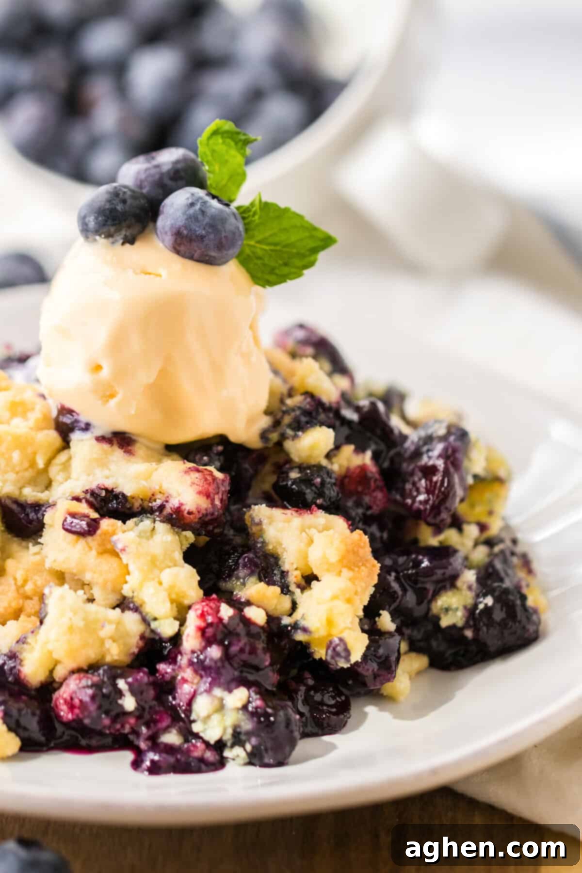 Serving of blueberry cake mix cobbler with ice cream.