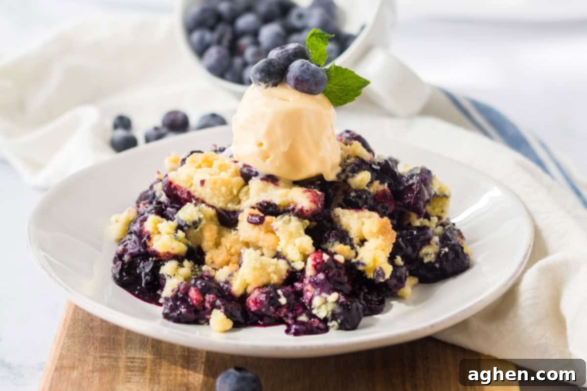 Easy blueberry cobbler with cake mix topped with vanilla ice cream.