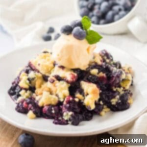 4 Ingredient blueberry cobbler served on a white plate and topped with a scoop of ice cream.