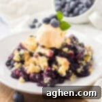 4 Ingredient blueberry cobbler served on a white plate and topped with a scoop of ice cream.