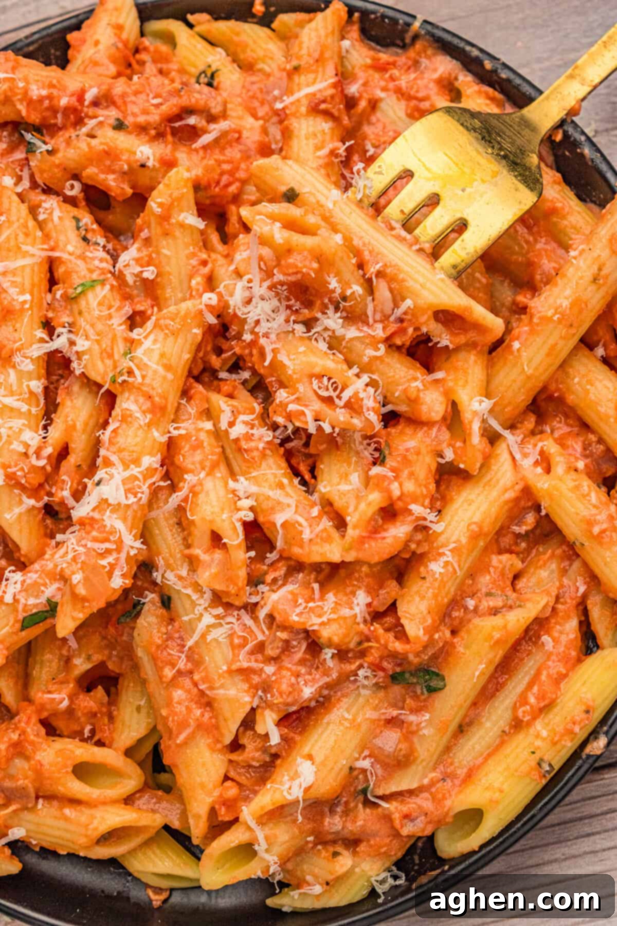 Penne with vodka sauce topped served topped with grated parmesan.