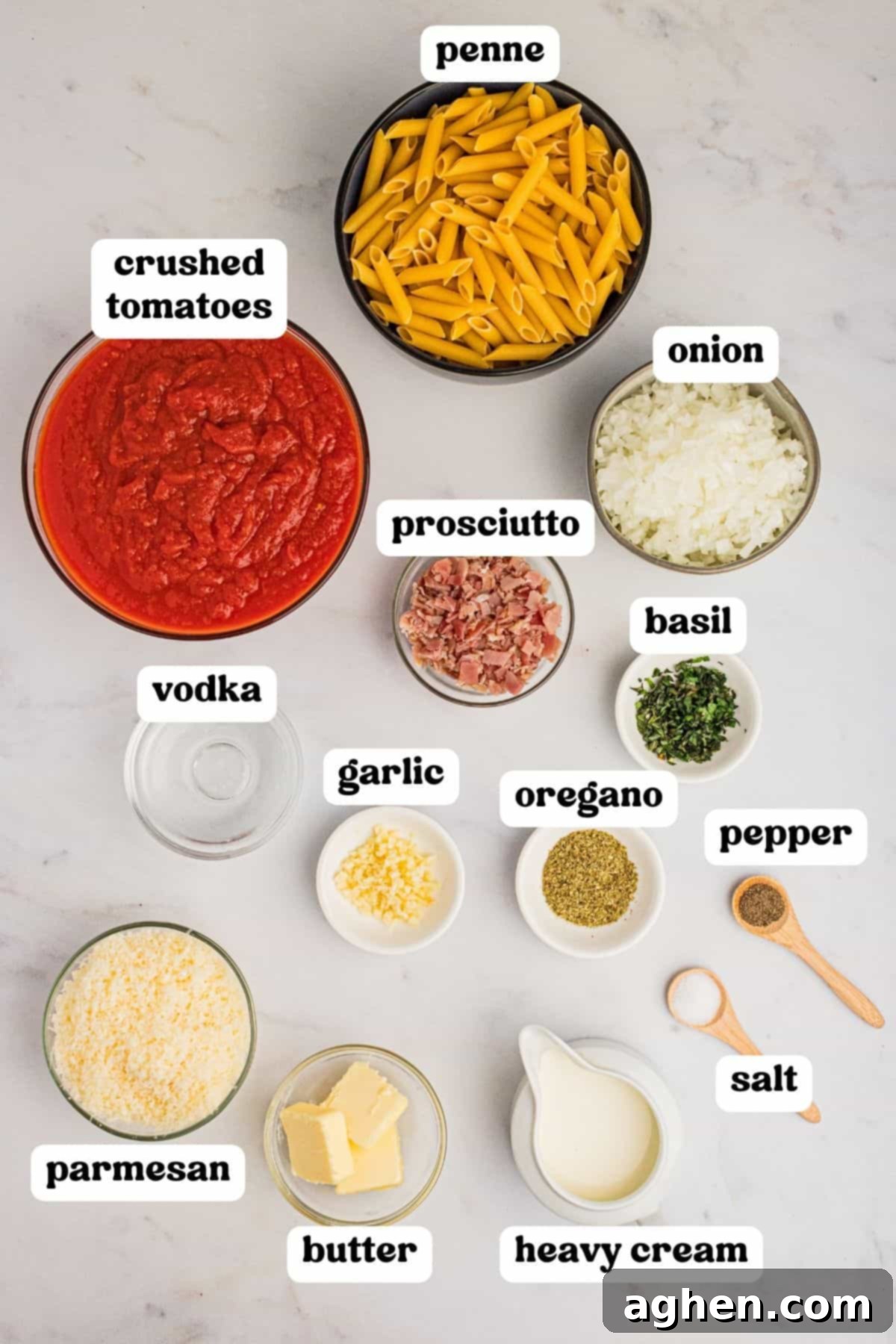 Ingredients for penne with vodka sauce.