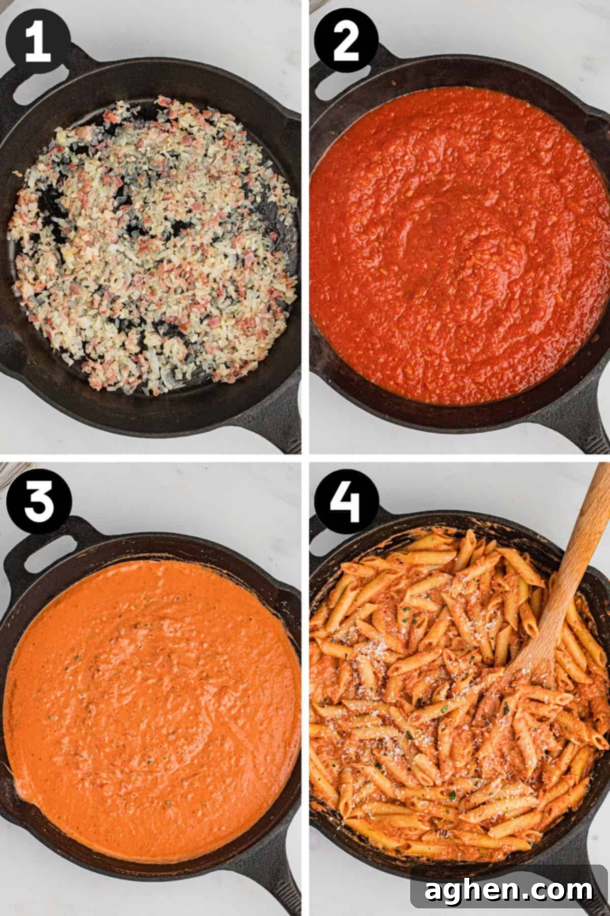 Four image collage of how to make vodka pasta sauce. Image 1: onions, prosciutto, and garlic in skillet; 2: red tomato-based sauce in skillet; 3: pink sauce after heavy cream and cheese are added; 4: pasta coated in the creamy vodka sauce.
