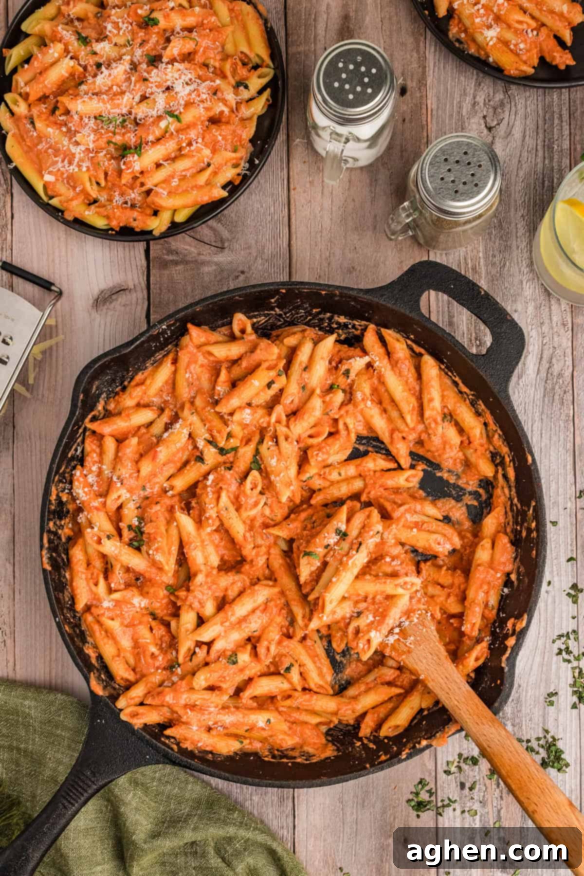 Penne with vodka sauce in skillet.
