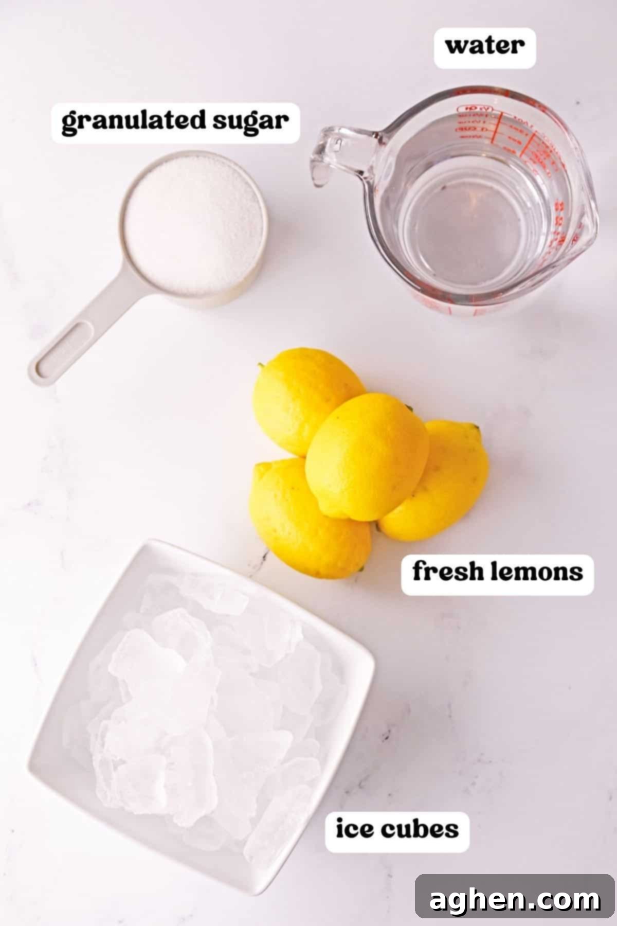 Frozen Lemonade Bliss 3 Frozen lemonade ingredients: granulated sugar, water, ice cubes, and fresh lemons.