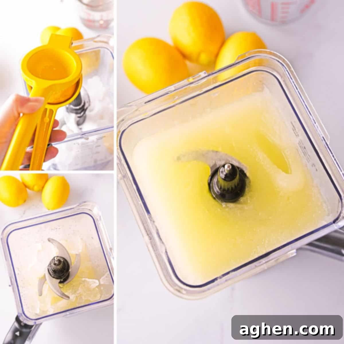 Frozen Lemonade Bliss 4 Three image collage of frozen lemonade slushies being made. First, a lemon is being juiced into a blender filled with ice. Next we see all the ingredients added to the blender. Finally the lemonade is blended and has an icee / slushie consistency.