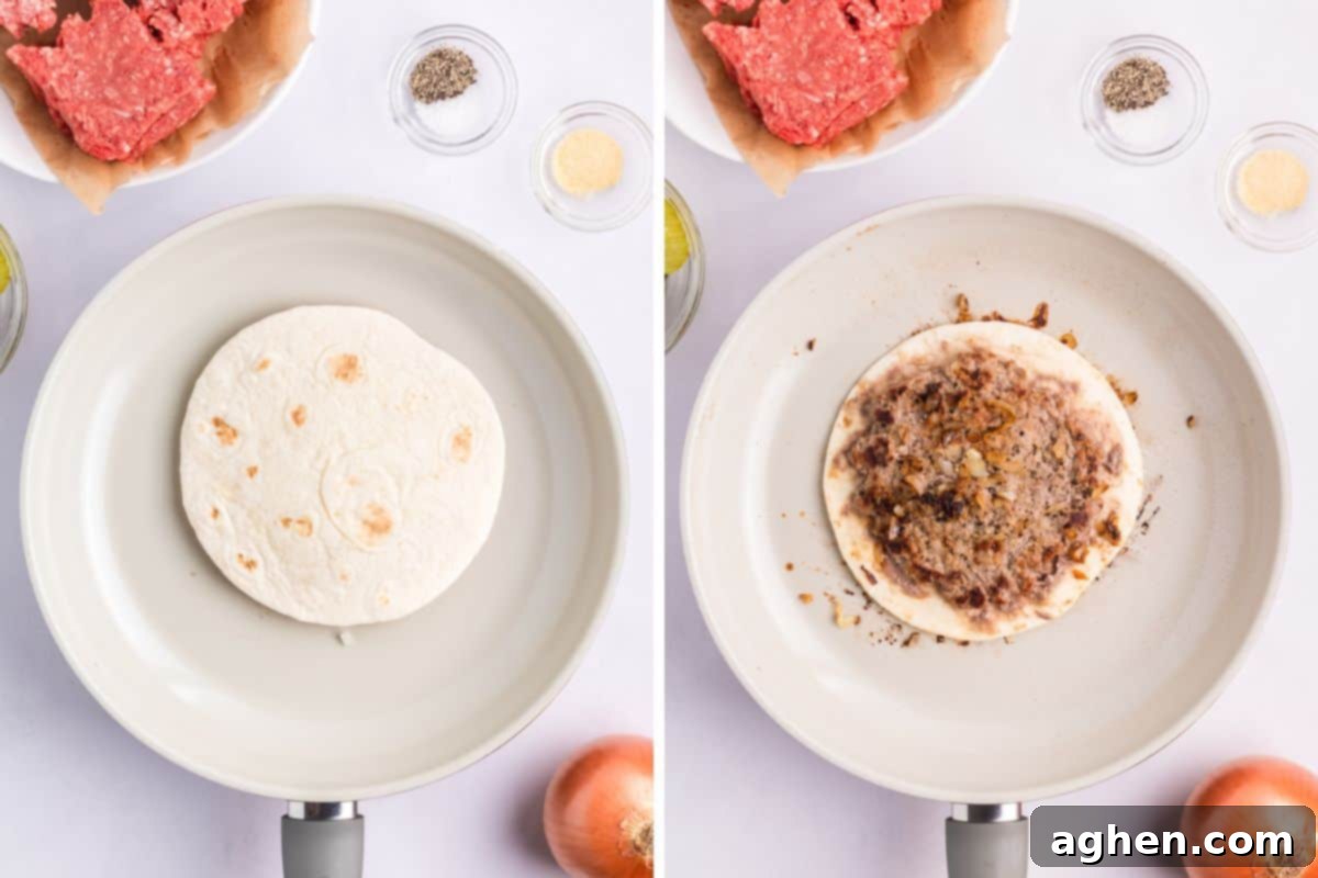 Smash Tacos Big Mac Style 9 Two-image collage showing the cooking process of Big Mac smash tacos. Image 1: A taco with ground beef side down, sizzling in a hot skillet. Image 2: The same taco after being cooked and flipped over, revealing a perfectly browned and crispy beef layer on the tortilla.